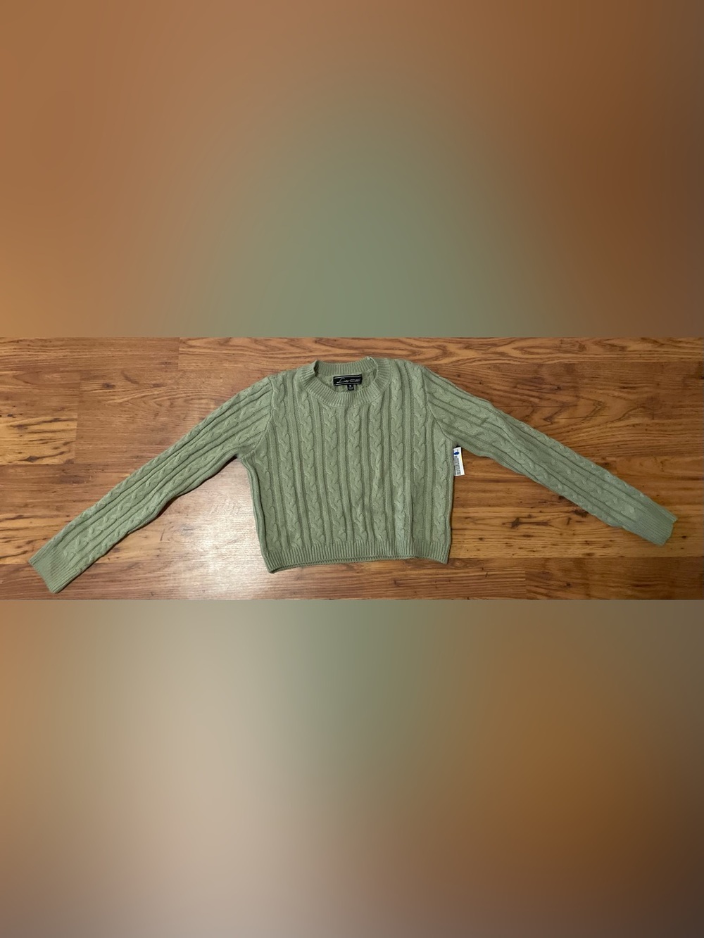 Love University Sage Green Cable Crewneck Sweater Medium